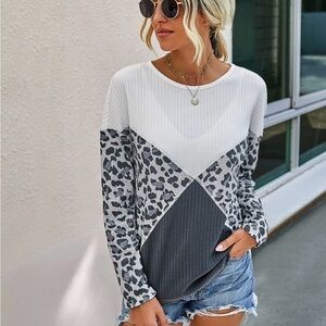 Leopard Print Crew Neck Long Sleeve Loose Fit Top